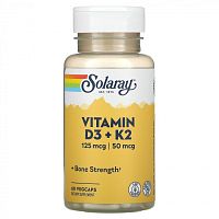 Vitamin D3 + K2 (MK-7) 125 mcg / 50 mcg (Витамин Д3 5000 МЕ + К2) 60 вег капс (Solaray)