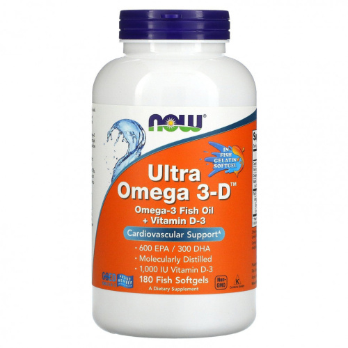 Ultra Omega 3-D + Vitamin D3 600 EPA / 300 DHA 180 рыбных капсул (Now Foods)