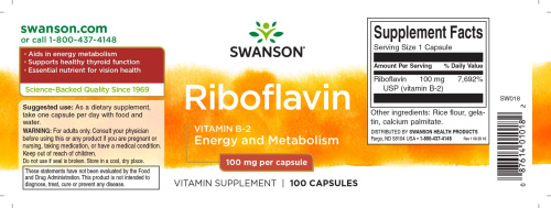 Riboflavin Vitamin B-2 100 mg (Рибофлавин Витамин Б-2) 100 капсул (Swanson) фото 3