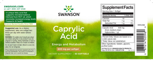 Caprylic Acid 600 mg (Каприловая кислота 600 мг) 60 мягких капсул (Swanson) фото 3
