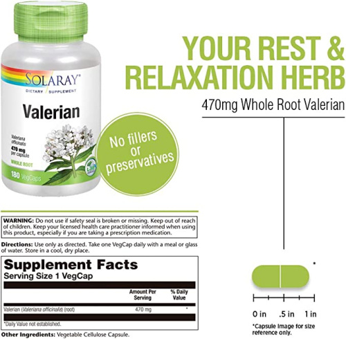Valerian 470 mg Root (Корень Валерианы 470 мг) 180 вег капсул (Solaray) фото 3