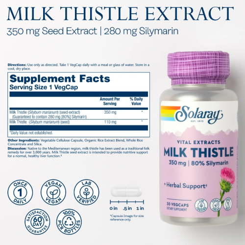 Milk Thistle 350 mg Extracts (Расторопша 350 мг) 30 вег капсул (Solaray) фото 4