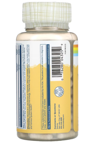 Vitamin B-1 100 mg Thiamine (Тиамин Витамин В-1 100 мг) 100 вег капсул (Solaray) фото 3