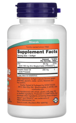 Zinc Glycinate 30 мг (Глицинат цинка) 120 мягких капсул (Now Foods) фото 2