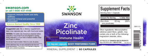 Zinc Picolinate Immune Health 22 mg (Пиколинат Цинка) 60 капсул (Swanson) фото 2