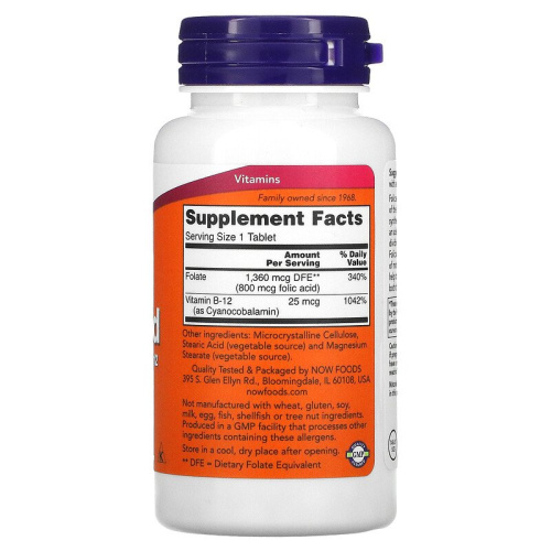 Folic Acid with Vitamin B-12 800 мкг (Фолиевая кислота и Б12)  250 табл (Now Foods) фото 2