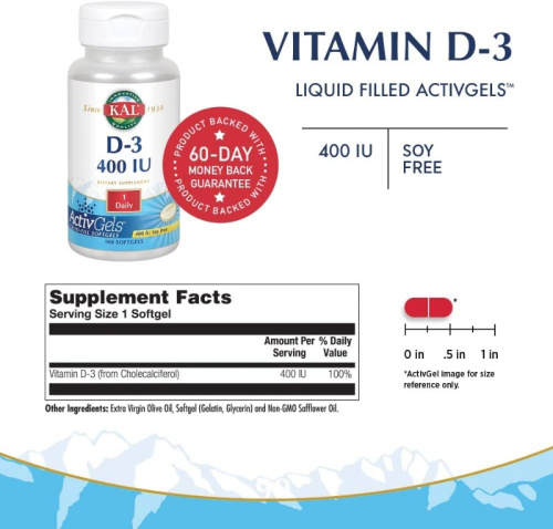 Vitamin D-3 10 mcg (400 IU) ActivGels Витамин Д-3 50 мкг (400 МЕ) 100 гелевых капсул (KAL) фото 2