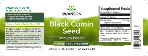 Black Cumin Seed 400 mg (Семена черного тмина 400 мг) 60 капсул (Swanson)_ фото 2