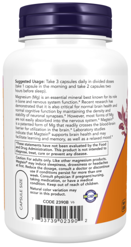 Magtein Magnesium L-Threonate (L-треонат магния) 90 вег капсул (Now Foods) фото 4