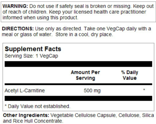 Acetyl L-Carnitine 500 mg (Ацетил L-карнитин 500 мг) 30 вег капсул (Solaray) фото 3