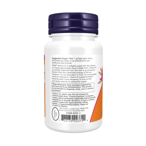 Vitamin D-3 5000 IU (125 mcg) Витамин Д-3 5000 МЕ (125 мкг) 120 мягких капсул (Now Foods) фото 3