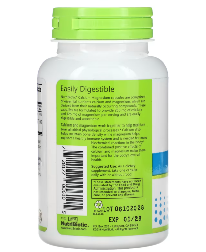 Calcium Magnesium 2:1 (Кальций и магний 250 & 125 мг) 100 капсул (NutriBiotic) фото 2