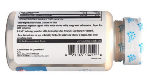 Magnesium Citrate 400 мг (Цитрат магния) 60 таблеток (KAL) фото 2