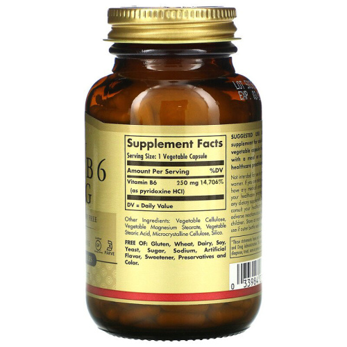 Vitamin B-6 Piridoxine HCI 250 мг (Витамин Б-6 Пиридоксин гидрохлорид) 100 вег капсул (Solgar) фото 2