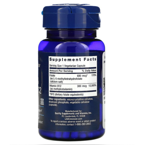 Folate & Vitamin B12 BioActive (Фолат с Метилкобаламином) 90 вег капсул (Life Extension) фото 2