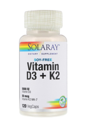 Vitamin D3 + K2 (MK-7) 125 mcg / 50 mcg (Витамин Д3 5000 МЕ + К2) 120 вег капс (Solaray) фото 3