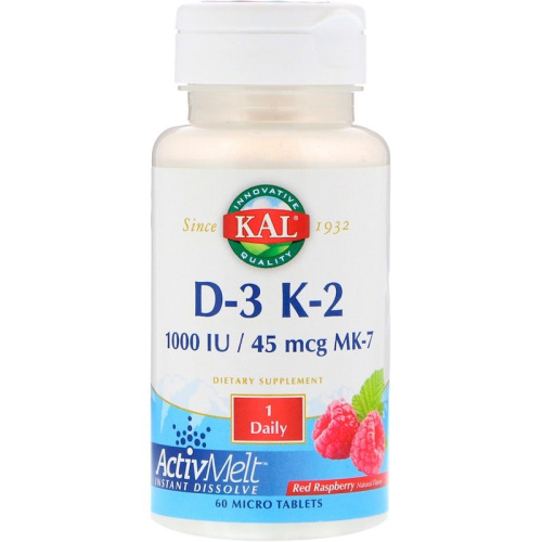 D-3 K-2 (MK-7) 1000 МЕ/45 мкг (срок 03.2024) (витамин Д-3 и К-2) 60 таблеток (KAL) 