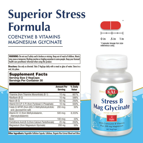 Stress B Mag Glycinate (Б комплекс с Магнием) 60 капсул  (KAL) фото 2