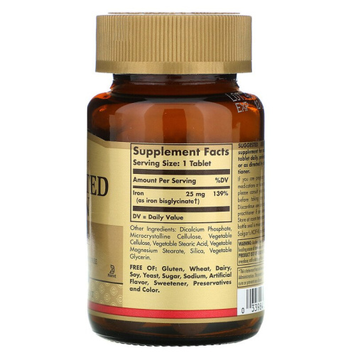 Chelated Iron 25 мг (Хелатное Железо) 100 таблеток (Solgar) фото 2