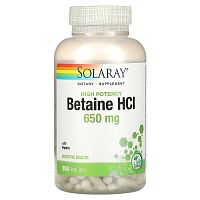 Betaine HCL 650 mg with Pepsin (Бетаин гидрохлорид c пепсином 650 мг) 250 вег капсул (Solaray)