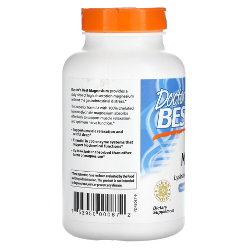 Magnesium Lysinate Glycinate (годен до 04.2026) 100% Chelated 100мг 240 таблеток (Doctor`s Best) фото 2 Magnesium Lysinate Glycinate (годен до 04.2026) 100% Chelated 100мг 240 таблеток (Doctor`s Best) фото 2