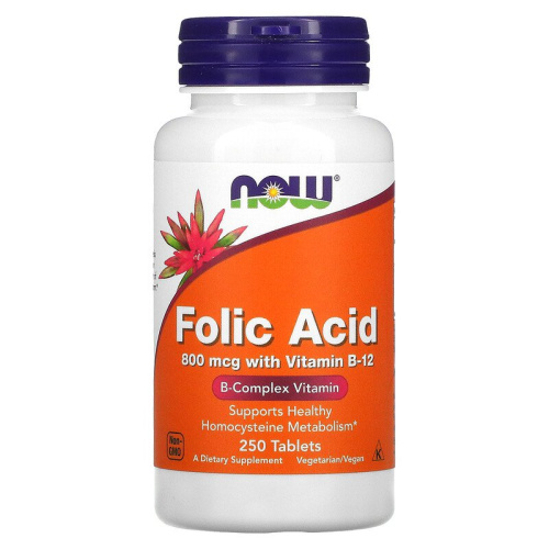 Folic Acid with Vitamin B-12 800 мкг (Фолиевая кислота и Б12)  250 табл (Now Foods)