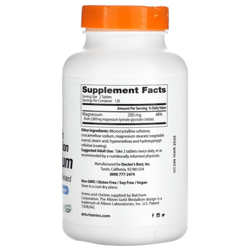 High Absorption Magnesium Lysinate Glycinate 100% Chelated 100 мг 240 таблеток (Doctor`s Best) фото 3