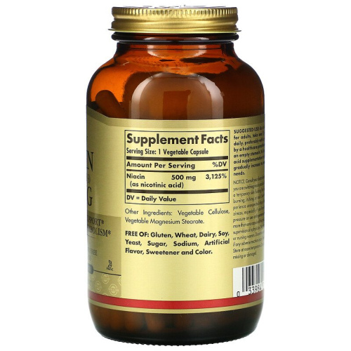 Niacin Vitamin B3 500 мг (Ниацин) 250 растительных капсул (Solgar) фото 2