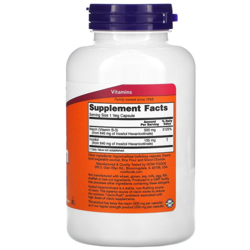 Flush-Free Niacin 500 мг Double Str. (Ниацин не вызывающий покраснений) 180 вег капсул (NOW Foods) фото 2