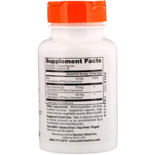 PepZin GI (Комплекс Цинк-L-карнозина) 120 вег капсул (Doctor`s Best) срок 01/2026 фото 2