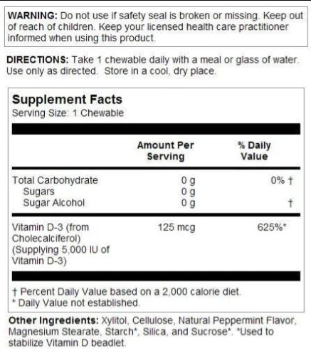 Vitamin D-3 125 mcg (5000 IU) Витамин Д-3 125 мкг (5000 МЕ) 60 жевательных таблеток (KAL) фото 3