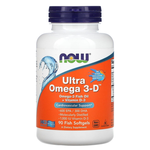 Ultra Omega 3-D + Vitamin D3 600 EPA / 300 DHA 90 рыбных капсул (Now Foods)