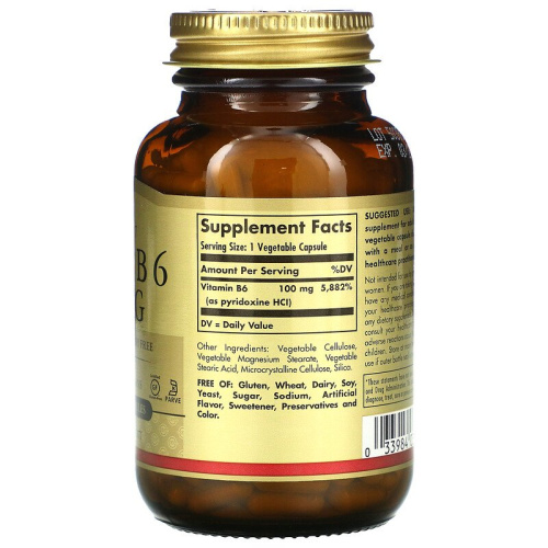 Vitamin B-6 Piridoxine HCI 100 мг (Витамин Б-6 Пиридоксин) 250 вегетарианских капсул (Solgar) фото 2