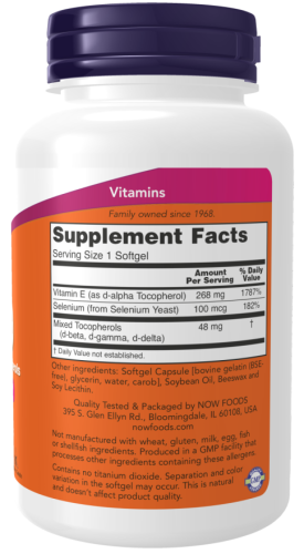 Vitamin E-400 d-alpha with Mixed Tocopherols plus Selenium (Витамин Е) 100 мягких капсул (Now Foods) фото 2