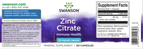 Zinc Citrate 30 mg Immune Health (Цитрат Цинка 30 мг) 60 капсул (Swanson) фото 2