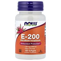 Vitamin E-200 with Mixed Tocopherols (Витамин Е смешанные токоферолы) 100 мягких капсул (Now Foods)_
