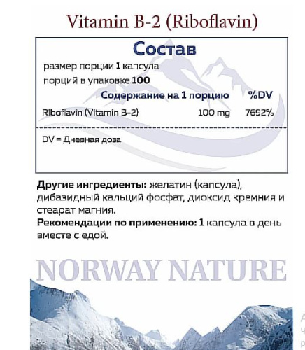 Vitamin B-2 Riboflavin 100 мг (Витамин Б-2 Рибофлавин) 100 Capsules (Norway Nature) фото 2