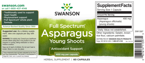 Asparagus Young Shoots 400 mg срок 06.2024 (Молодые побеги спаржи 400 мг) 60 капсул (Swanson) фото 3