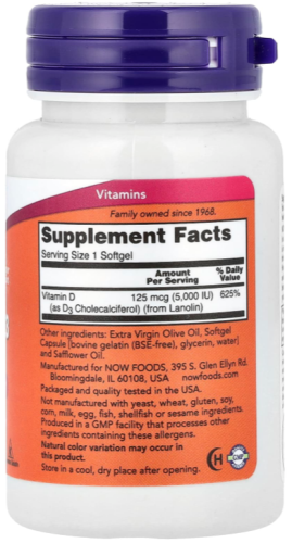 Vitamin D-3 5000 IU (125 mcg) Витамин Д-3 5000 МЕ (125 мкг) 240 мягких капсул (Now Foods) фото 2