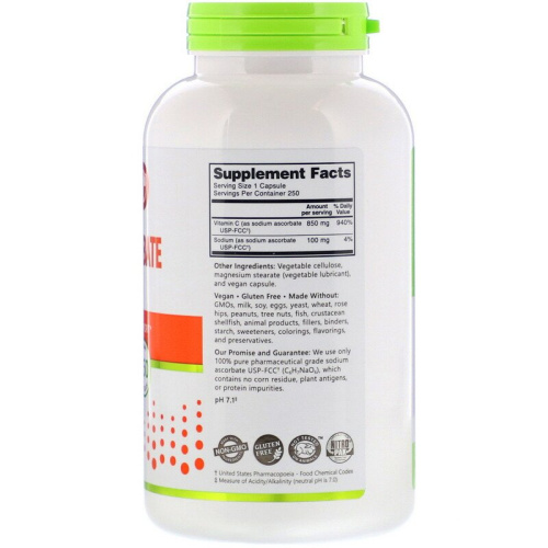 Sodium Ascorbate 850 мг (Аскорбат Натрия) 250 капс (NutriBiotic) фото 2