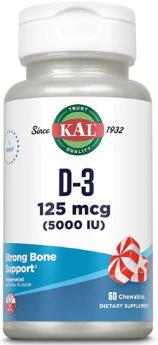 Vitamin D-3 125 mcg (5000 IU) Витамин Д-3 125 мкг (5000 МЕ) 60 жевательных таблеток (KAL)