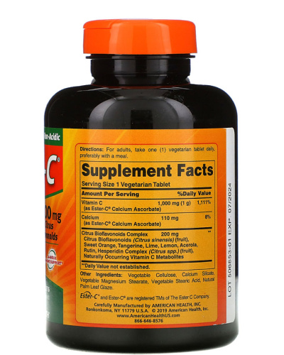 Vitamin C Ester-C with Citrus Bioflavonoids 1000 мг 180 таблеток (American Health) фото 2