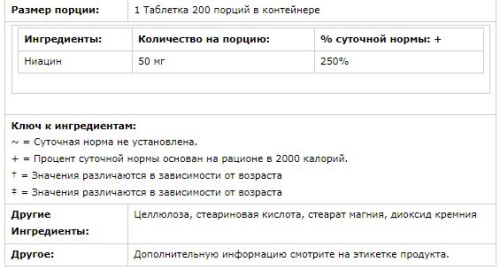 Niacin 50 mg (Ниацин 50 мг) 200 таблеток (KAL) фото 2