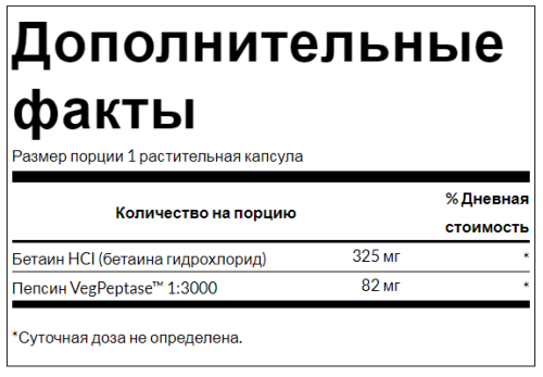 Betaine HCl Hydrochloric Acid with VegPeptase (Бетаин HCl соляная кислота) 250 вег капсул (Swanson) фото 2