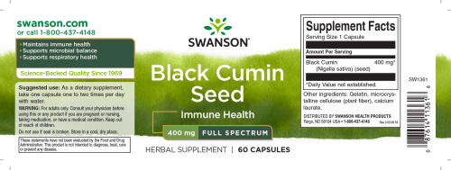 Black Cumin Seed 400 mg срок 08.2025 (Семена черного тмина 400 мг) 60 капсул (Swanson)_ фото 3