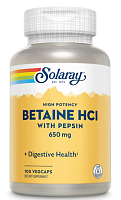 Betaine HCL 650 mg with Pepsin (Бетаин гидрохлорид c пепсином 650 мг) 100 вег капсул (Solaray)
