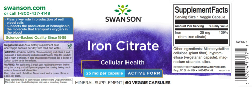 Iron Citrate 25 mg (Цитрат Железа 25 мг) 60 вег капсул (Swanson) фото 5