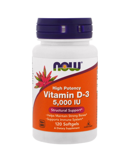 Vitamin D-3 5000 IU (125 mcg) Витамин Д-3 5000 МЕ (125 мкг) 120 мягких капсул (Now Foods)