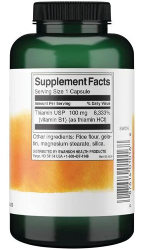 Vitamin B1 100 mg (Thiamin) 250 капсул (Swanson) фото 4