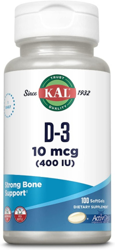Vitamin D-3 10 mcg (400 IU) ActivGels Витамин Д-3 50 мкг (400 МЕ) 100 гелевых капсул (KAL)